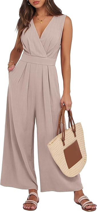 ANRABESS Women's Linen Sleeveless Wrap Jumpsuits | Amazon (US)