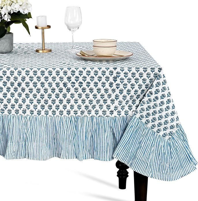 CPC Apatite Blue Block Print Ruffle Tablecloth 100% Cotton 60" x 60" Square Floral Table Cover, E... | Amazon (US)