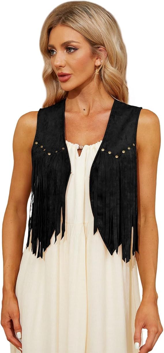 WERFORU Fringe Vest Women Faux Suede Open-Front Vintage Tassel Vest Coat Sleeveless 70s Hippie Bo... | Amazon (US)