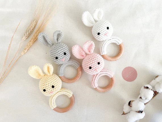 Baby Easter,Christmas Gift, Crochet Bunny Teether, Natural Wood Teether, New Mom,Rattle Teething ... | Etsy (US)