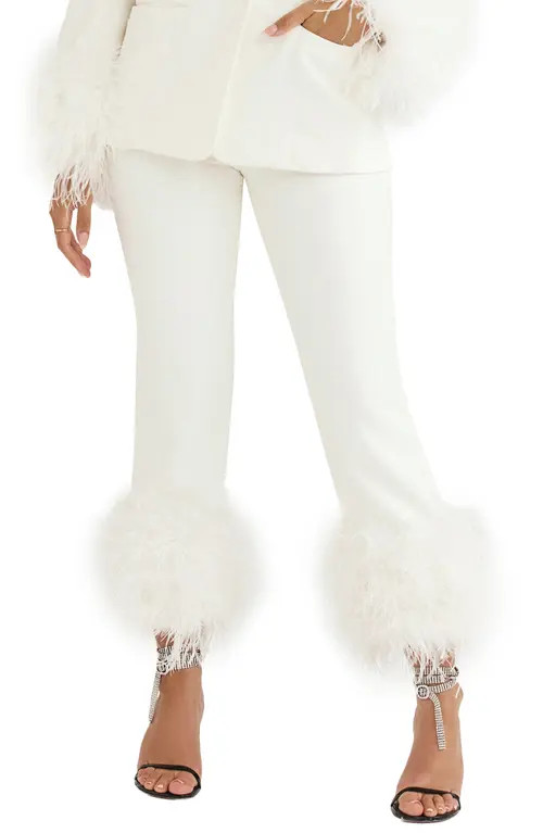 HOUSE OF CB Fae Feather Trim Trousers in Ivory at Nordstrom, Size X-Small | Nordstrom