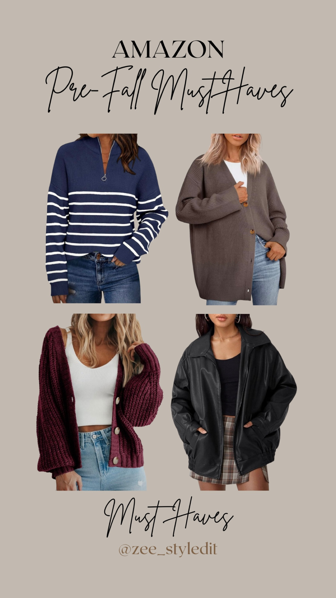 Amazon Pre Fall Must Have Outerwear 

Embrace effortless style with our Women's Quarter Zip Striped Oversized Sweater—perfect for layering and staying cozy this pre-fall season! 

Elevate your outerwear game with our Oversized Cardigan—your new go-to for a chic, laid-back look. Layer up in style! 🧥

Stay warm and on-trend with our Chunky Knit Cardigan—ideal for those crisp pre-fall days. Wrap up in cozy comfort! 🧶

Add a touch of edgy elegance to your wardrobe with our Oversized Faux Leather Jacket. Perfect for a bold pre-fall statement!✨

#Amazon #Pre #Fall #Autumn #Sweater #Outerwear #Knit #chunky #Leather #faux #jacket #cardigan #zip #quarter

#LTKU #LTKBacktoSchool #LTKSeasonal