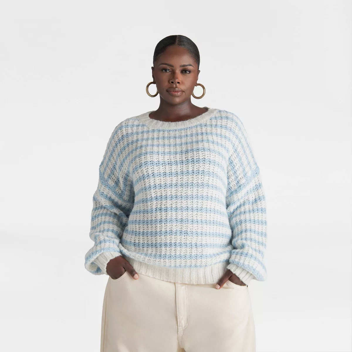 KBB by KAHLANA Women's 'The Oversized Drop Shoulder Crewneck Pullover Sweater' - Cream/Blue | Target