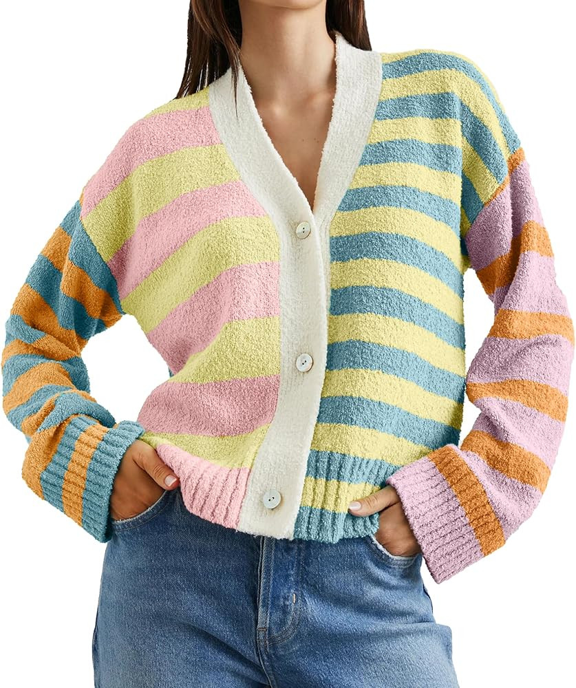 UNCLECAT Women's Color Block Cardigan Sweaters Button Down Fuzzy Striped Cardigans Open Front Kni... | Amazon (US)