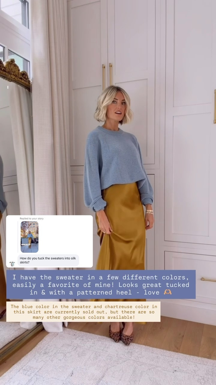 I’ve been loving chartreuse and blue together, especially this sweater and 100% silk skirt combo! Quince makes amazing quality pieces that you’ll wear on repeat. I have both in multiple colors!

Loverly grey, quince, chartreuse silk skirt, midi satin skirt outfit, blue sweater how to style, fall outfit ideas women

#LTKootd #LTKSeasonal