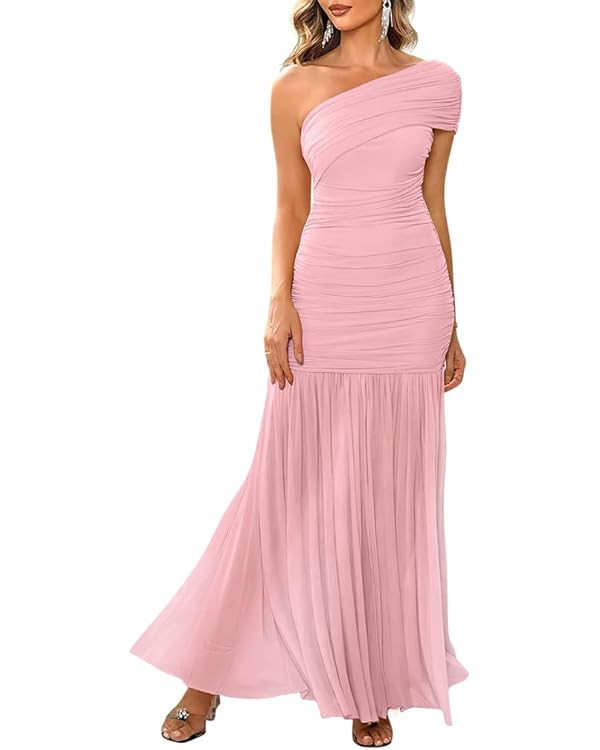 LAGSHIAN Women's Elegant Formal Long Dress One Shoulder Sleeveless Ruched Bodycon Evening Dress | Amazon (US)