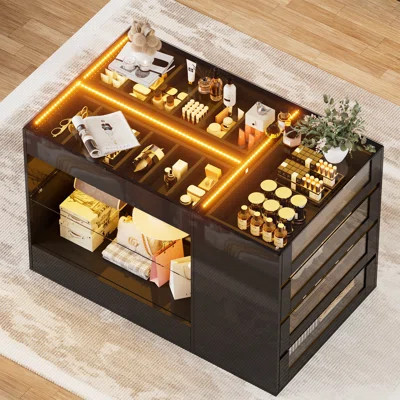 Closet Island With Drawers, Glossy Wardrobe Armoire Bedroom Island With Glass Tabletop, Lights&jewelry Organizer, Walk-in Closet Island Dresser For Be | Wayfair North America