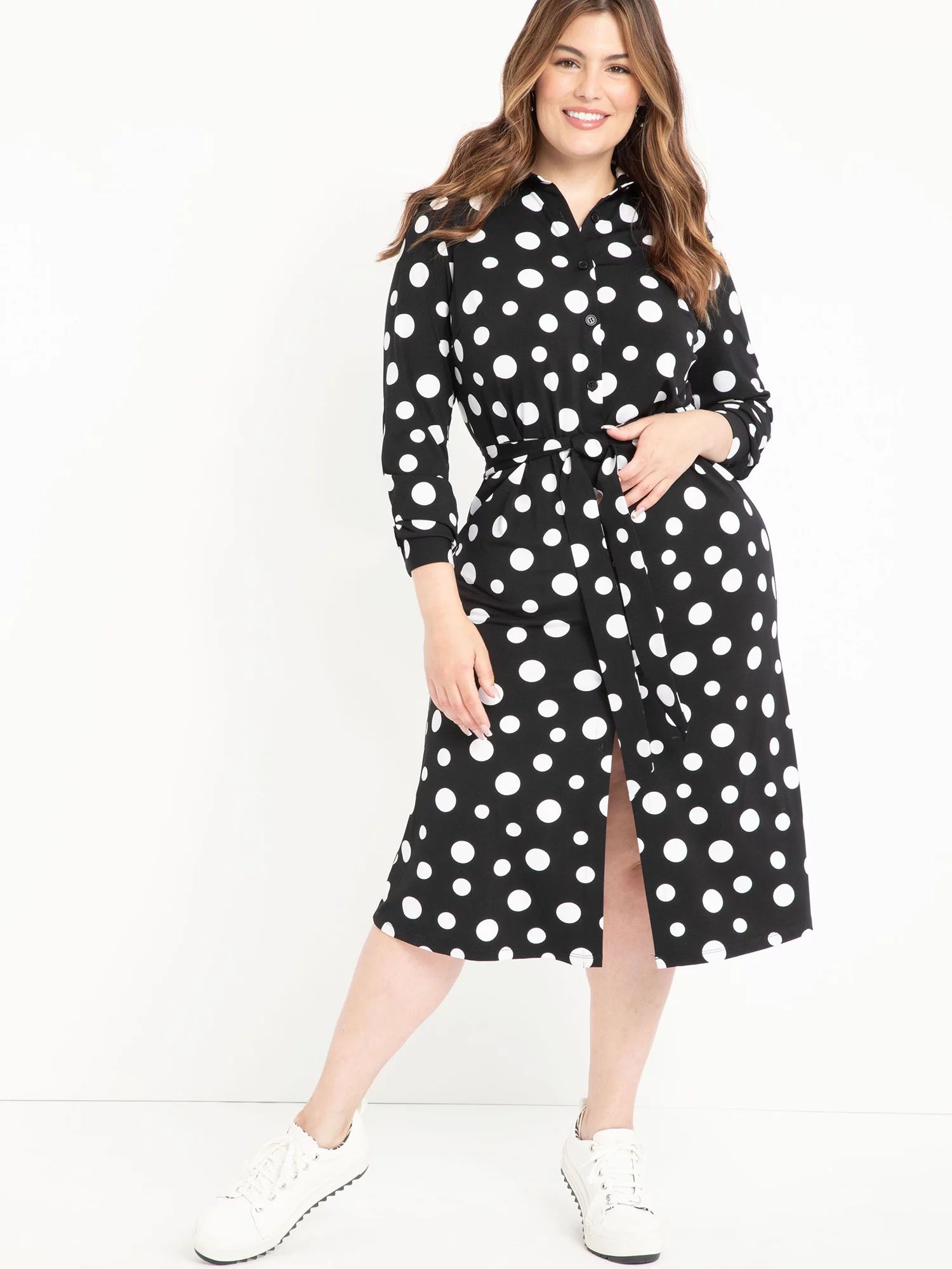 ELOQUII Elements Women's Plus Size Polka Dot Midi Shirtdress | Walmart (US)