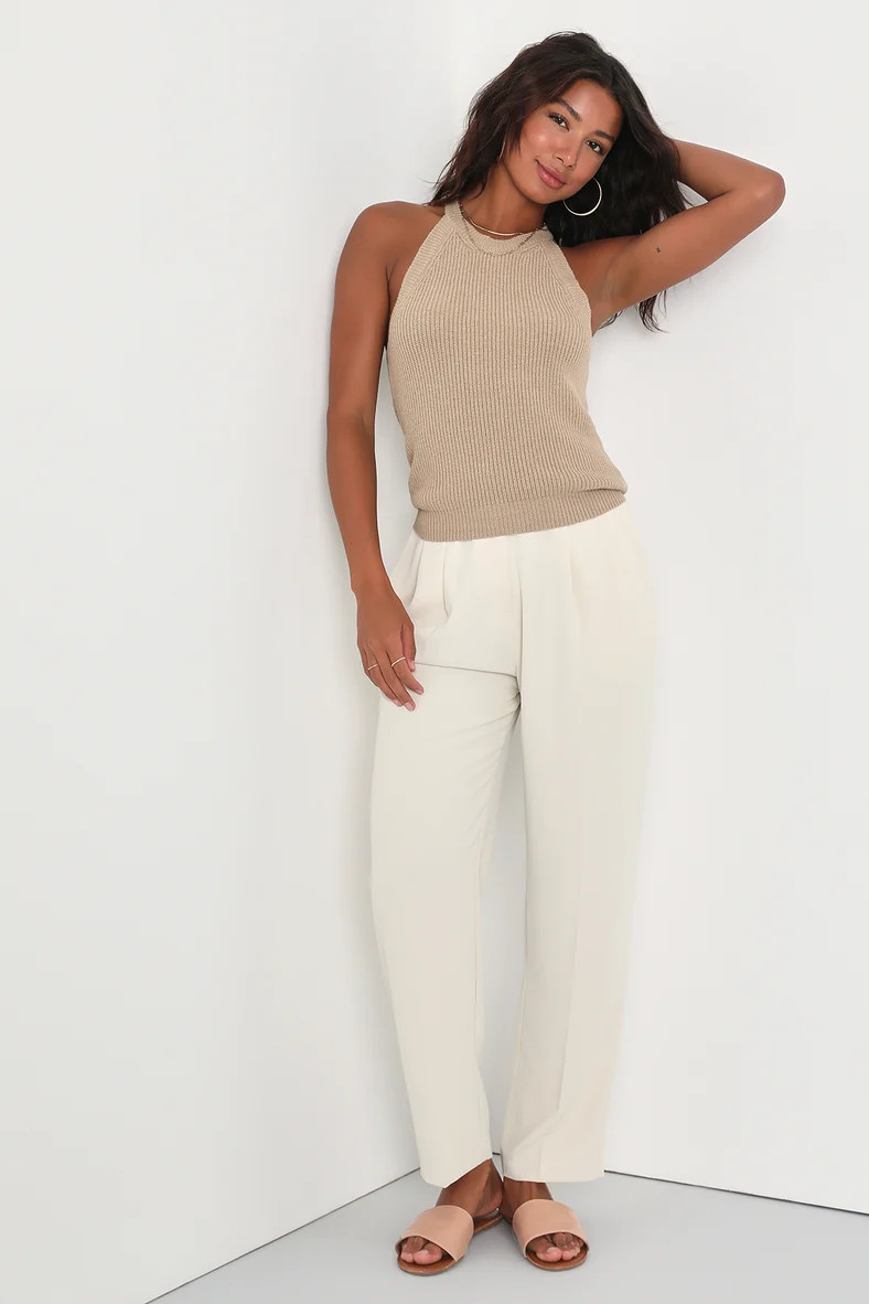 Staycation Sweetie Taupe Knit High Neck Tank Top | Lulus