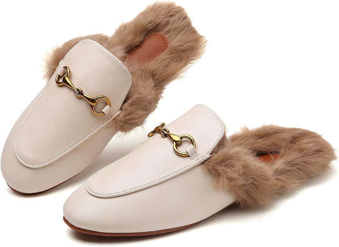 Minorsu Fur Mules for Women Round Toe Backless Slip-on Loafers Flat Mules Slides Mules Shoes | Amazon (US)