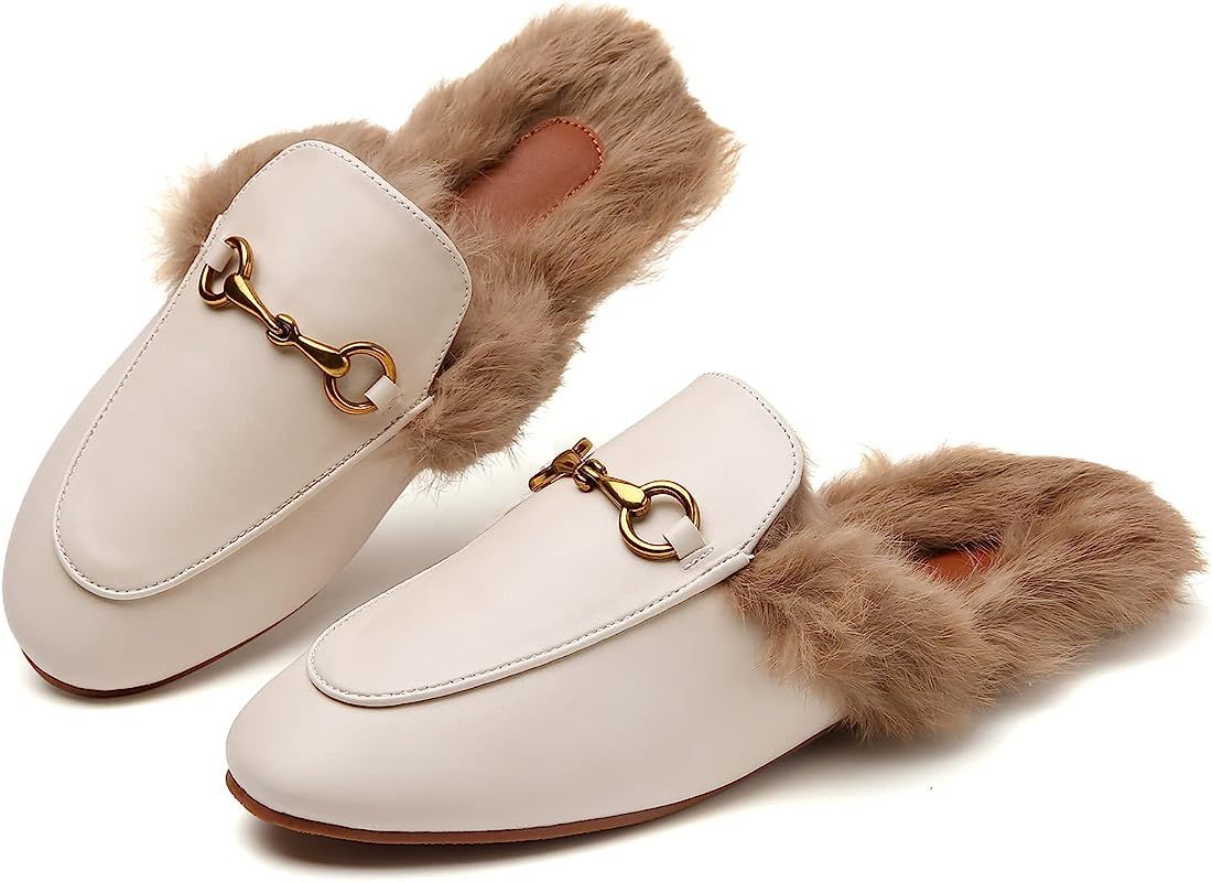 Minorsu Fur Mules for Women Round Toe Backless Slip-on Loafers Flat Mules Slides Mules Shoes | Amazon (US)