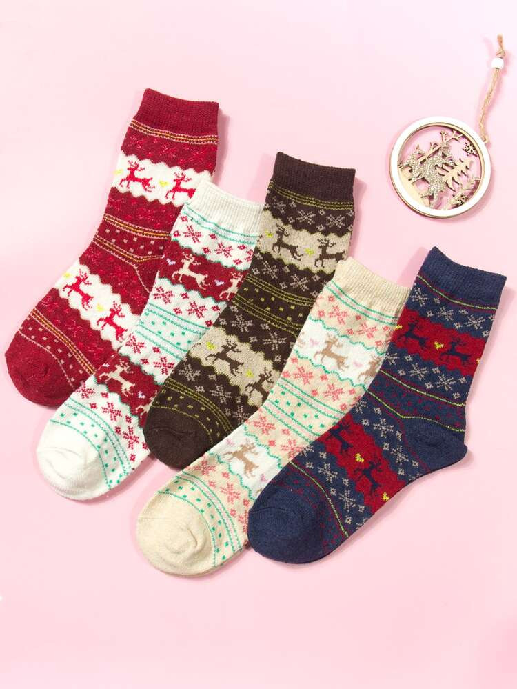 5pairs Elk Pattern Crew Socks | SHEIN