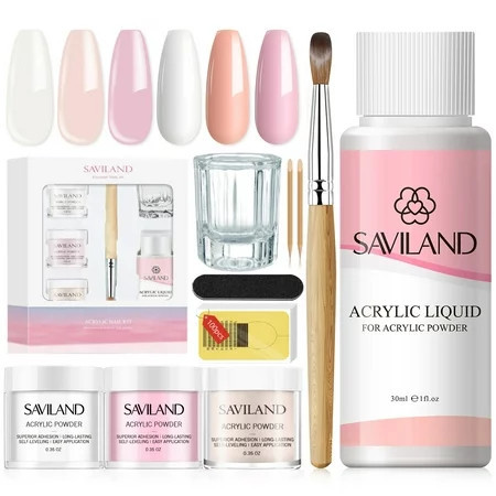 Saviland Acrylic Nail Kit - 3 Colors Clear/Pink/Nudes Acrylic Powder and Liquid Set with Monomer Acrylic Liquid Acrylic Nail Brush and Nail Forms for Beginner | Walmart (US)