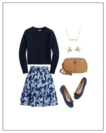 Easter Outfit:
For a dressy Easter brunch outfit, I’d go with this beautiful navy floral ruffle skirt that’s under $30. It’s 100% cotton, so there’s no itch, and the elastic waistband is so comfortable. Style it with a navy sweater for a little extra warmth, and accessorize with a gold bar necklace and stud earrings. I love this simple leather crossbody under $300. It’s incredibly versatile and comes in multiple colors. And to complete this look slip on a pair of navy ballet flats, and you’re ready to go. 

#LTKunder100 #LTKSeasonal #LTKunder50