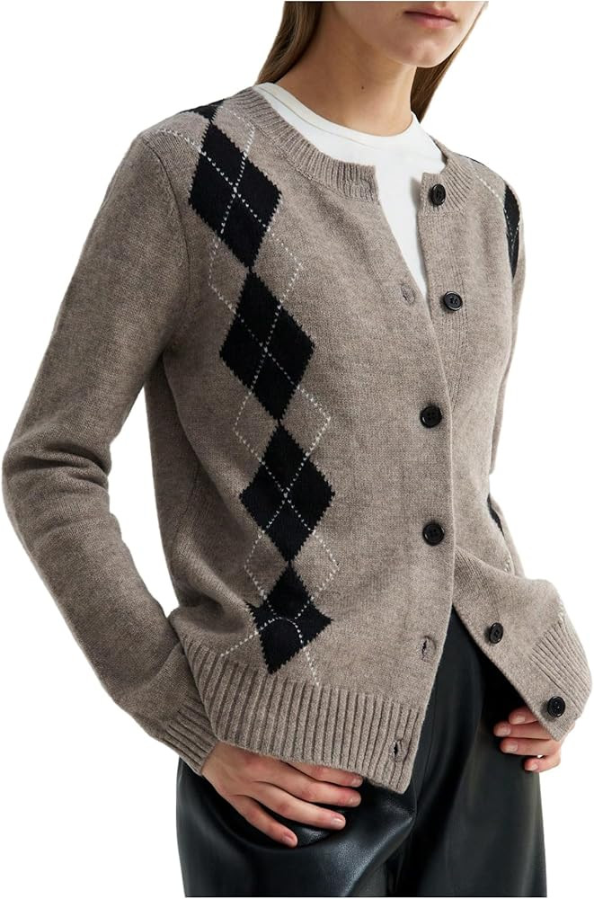 SHENHE Women's Button Up Cardigan Sweater Crew Neck Fall Argyle Sweater Preppy Cardigan | Amazon (US)