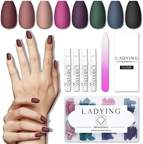 LADYING 8 Packs (192PCS) Acrylic Matte Press on Nails Medium Length, Stick Glue on Nails for Women,  | Amazon (US)