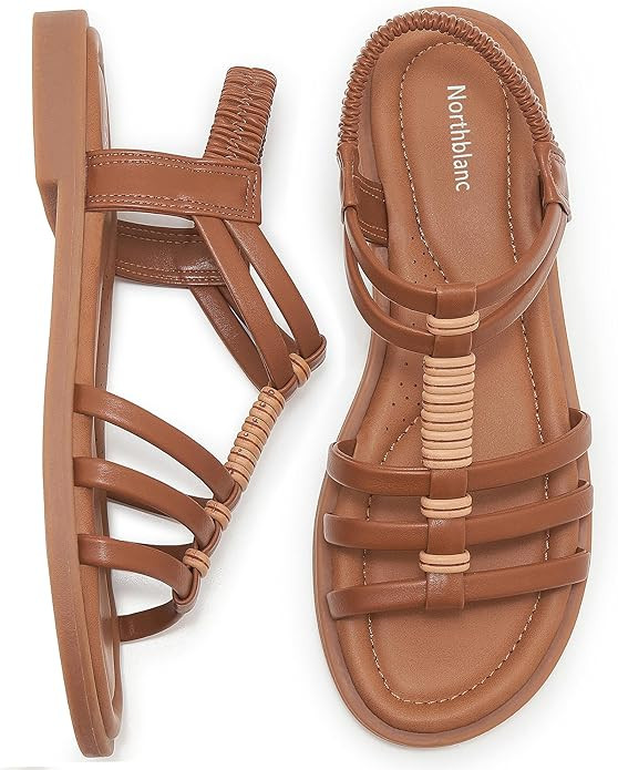 Womens Sandals Flats Shoes - Comfortable Summer Dressy Casual Ankle Elastic Slip on Walking Beach... | Amazon (US)