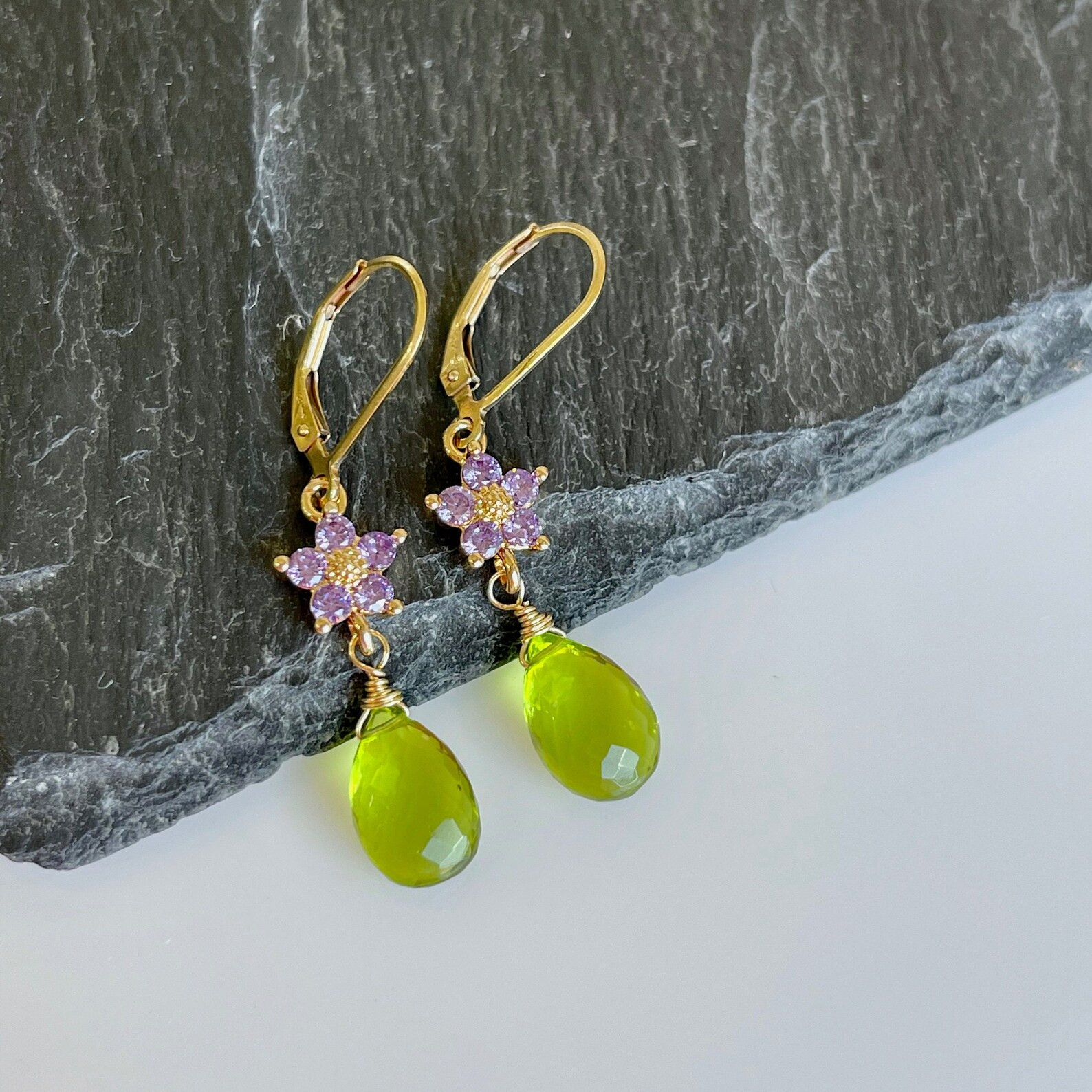 Peridot and Tanzanite Earrings, August Birthstone, Periwinkle Flower and Lime Green Earrings, Flo... | Etsy (US)