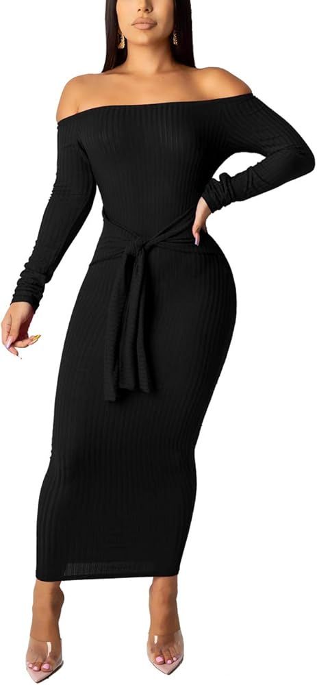 Women Bodycon Ribbed Sweater Dress Sexy Long Sleeve Maxi Knit Stretchy Pullover Dresses | Amazon (US)