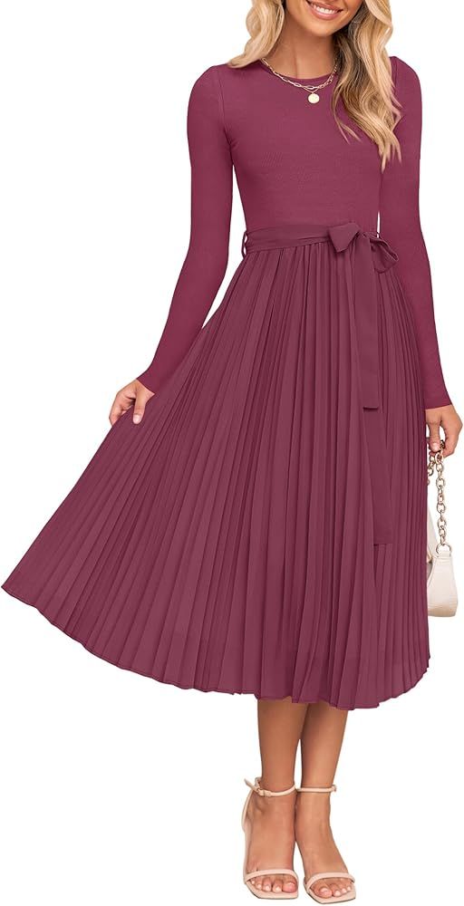 ZESICA Women's Fall Long Sleeve Midi Dress Casual Crewneck Knit Belted Pleated A Line Flowy Sweat... | Amazon (US)