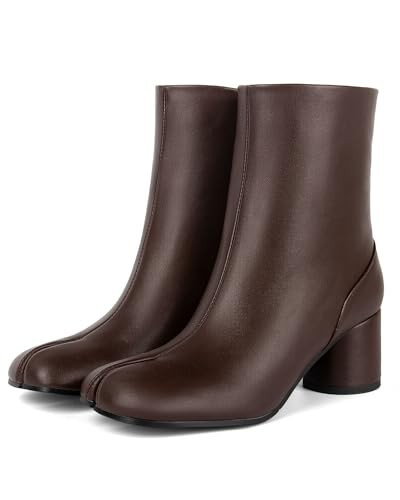 KOKOMOMO Womens Tabi Boots Split Toe Ankle Booties Cylindrical Chunky Heels Japanese Ninja Shoes Zipper Block Heel Short Boot Daily Work Party Dress Shoes for Ladies Chocolate Brown,Size 9 | Amazon (US)