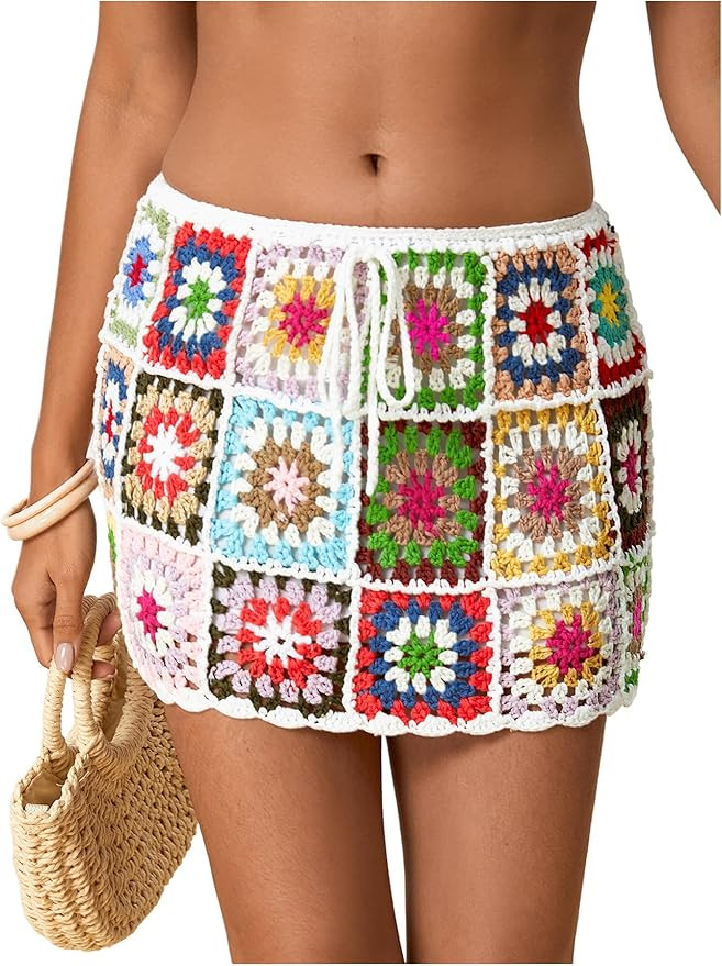 MakeMeChic Women's Crochet Skirts Tie Front Summer Beach Cover Up Floral Mini Skirt | Amazon (US)