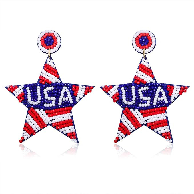 Boderier 4th of July Earrings Beaded American USA Flag Drop Dangle Earrings Heart Star Memorial I... | Amazon (US)
