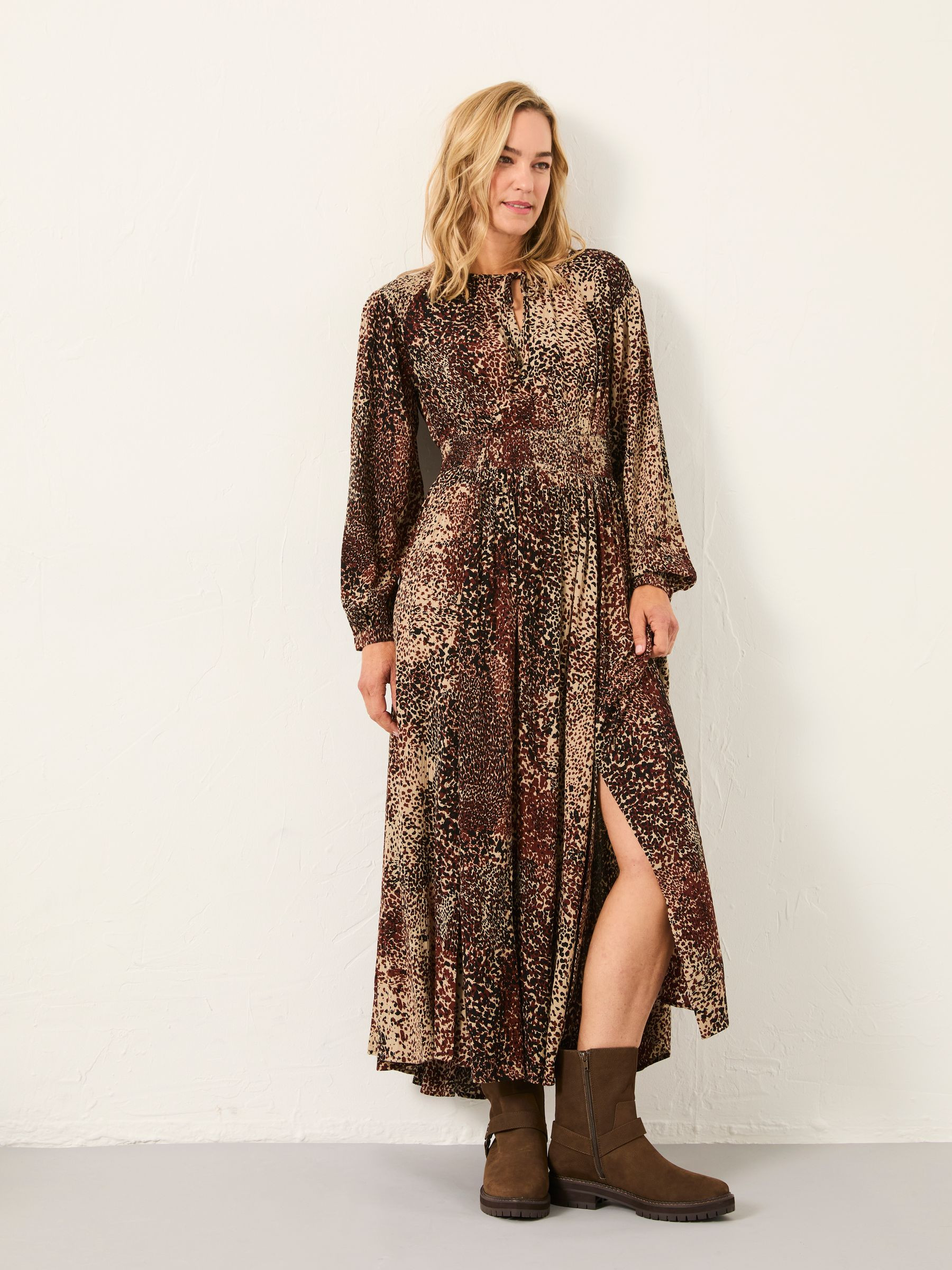 Jaqs Light Brown Layered Animal Regular Midi Dress | FatFace | Fat Face