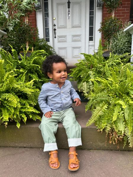 Toddler Boy Outfit: Baby blue striped shirt, Green reversible pants, Warm brown sandals

#LTKbaby #LTKfamily #LTKSeasonal