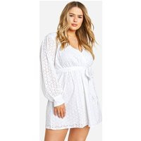 Womens Plus Woven Broderie Tie Waist Long Sleeve Mini Dress - White - 18, White | Boohoo.com (UK & IE)