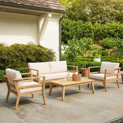 Outdoor 4-Piece Acacia Wood Conversation Set With Slatted Tabletop & Cushions | Wayfair North America