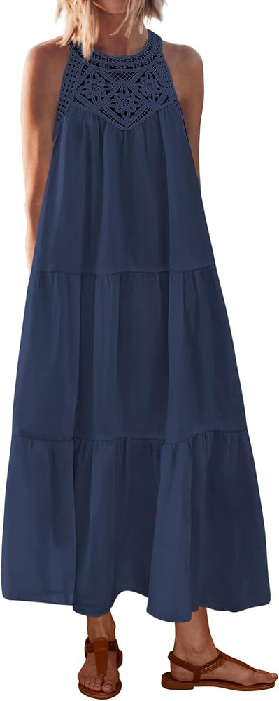 BTFBM Halter Summer Dresses for Women 2026 Casual Spring Hollow Out Sleeveless Boho Sundresses Be... | Amazon (US)