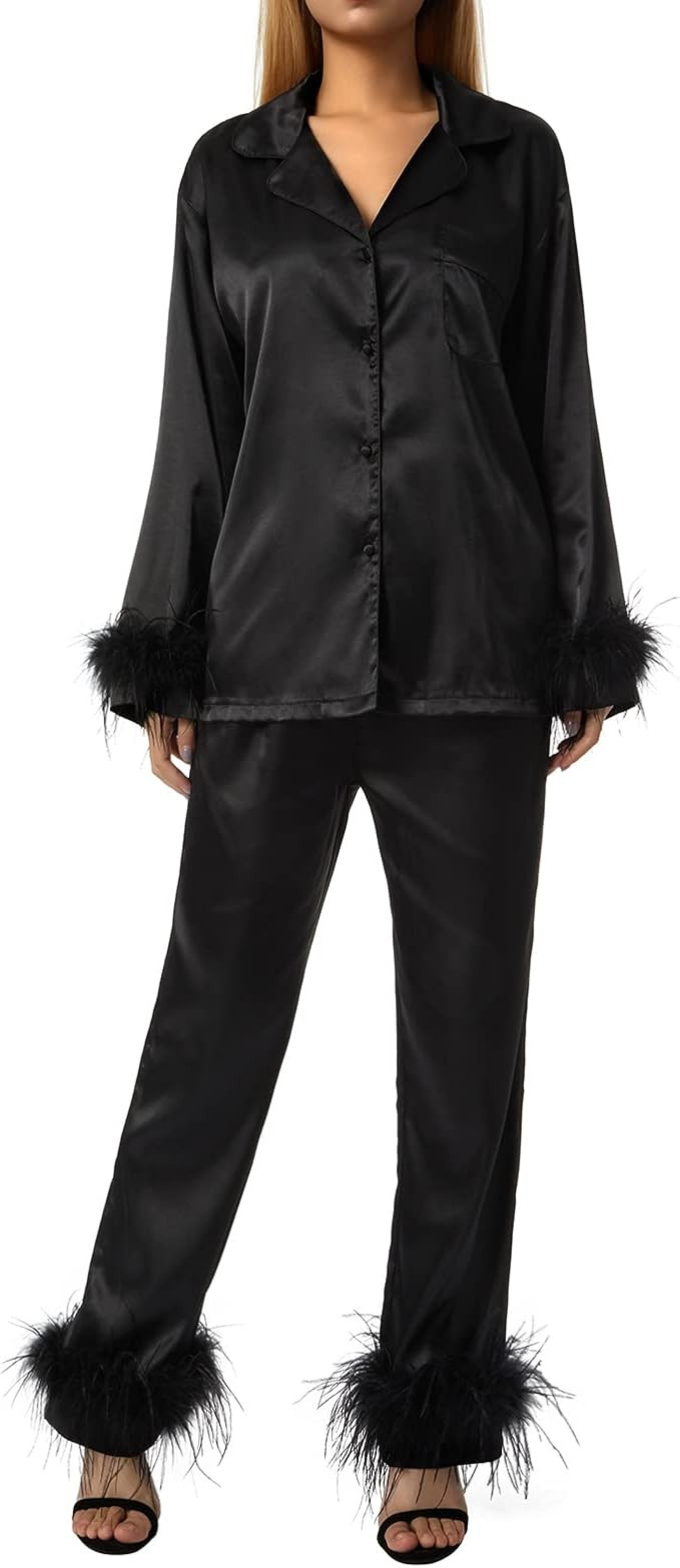 Women Silk Satin Pajamas Set Button Down Long Sleeve Sleepwear Feather Trim Nightwear Loungewear ... | Amazon (US)