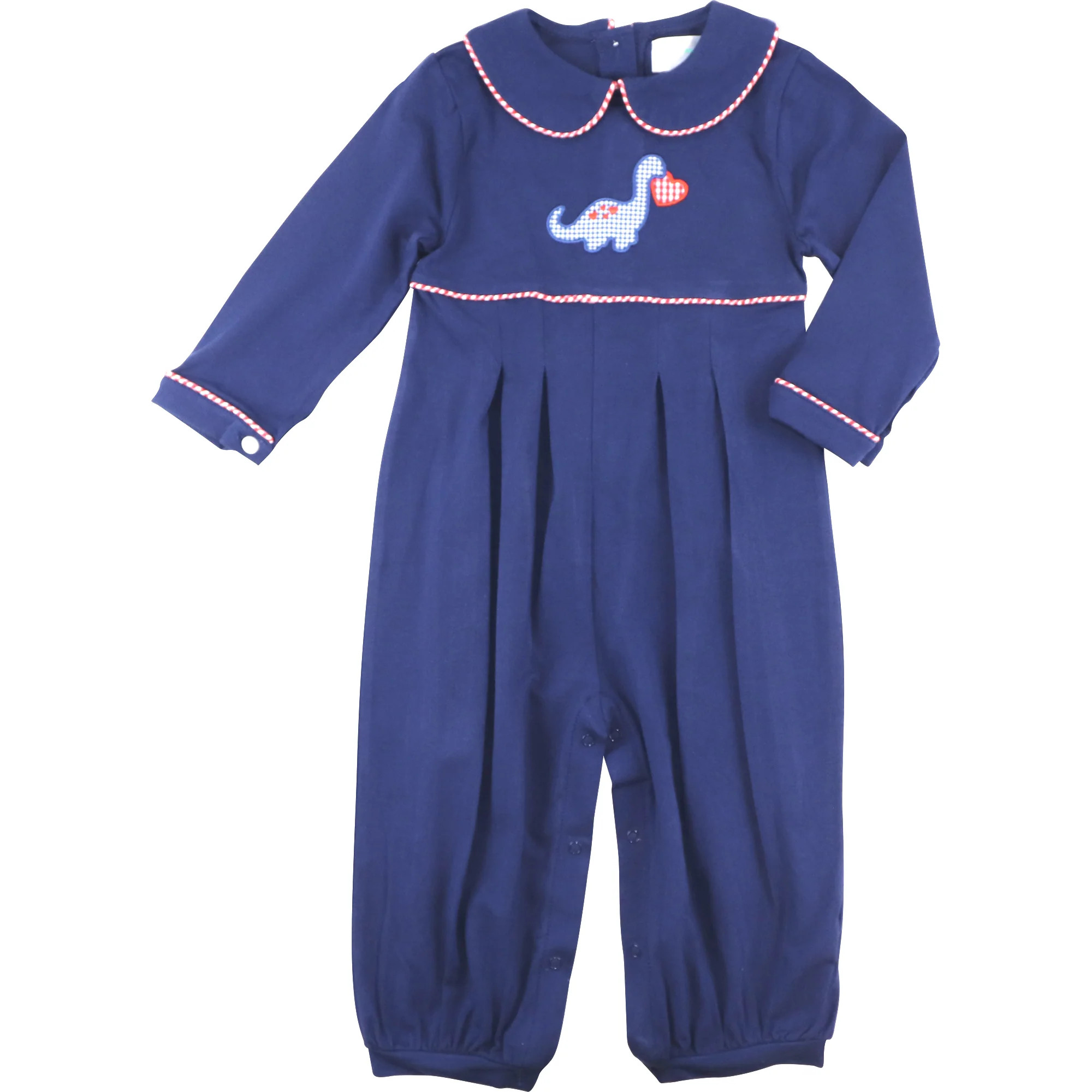 Navy Knit Valentine Dinosaur Long Romper | Cecil and Lou
