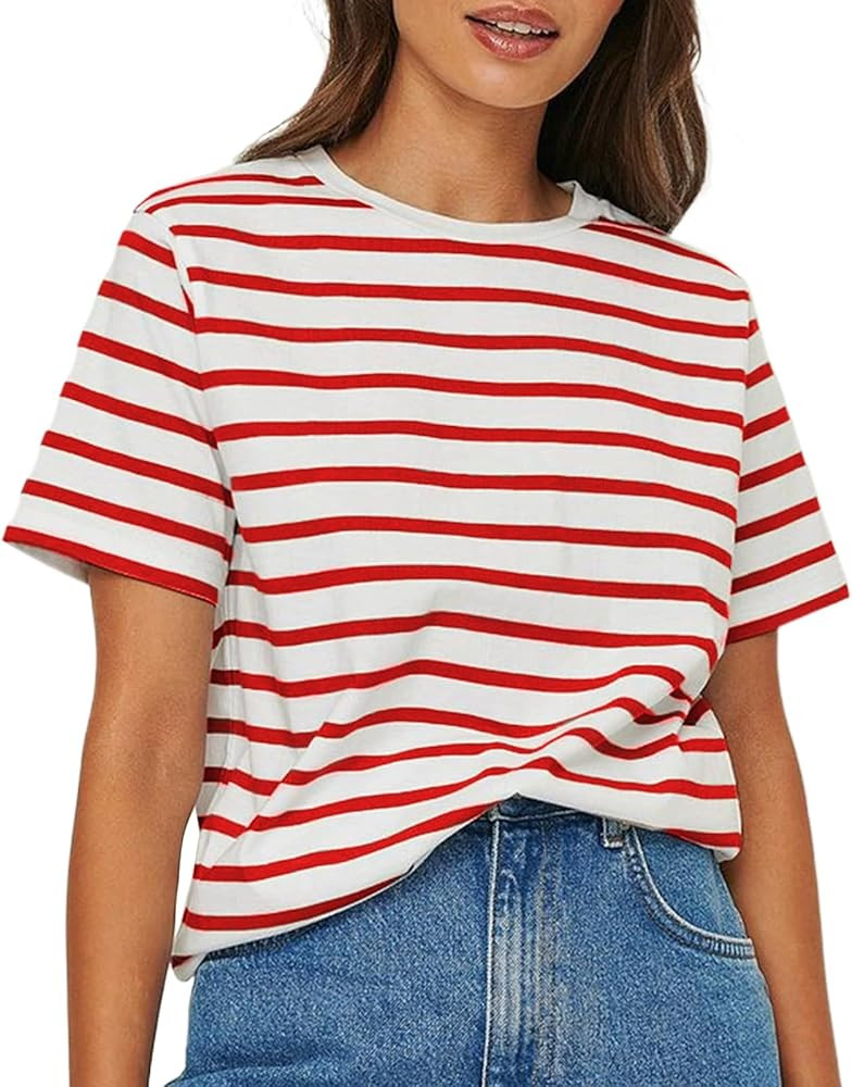 Women's Short Sleeve Striped T-Shirt - Crew Neck Classic Tee, Loose Fit Casual Comfy Breton Top | Amazon (US)