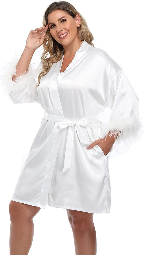 MissNina Women's Satin Kimono Robe with Ostrich Feather Trim Silk Robes Bridesmaid Robes Bridal P... | Amazon (US)