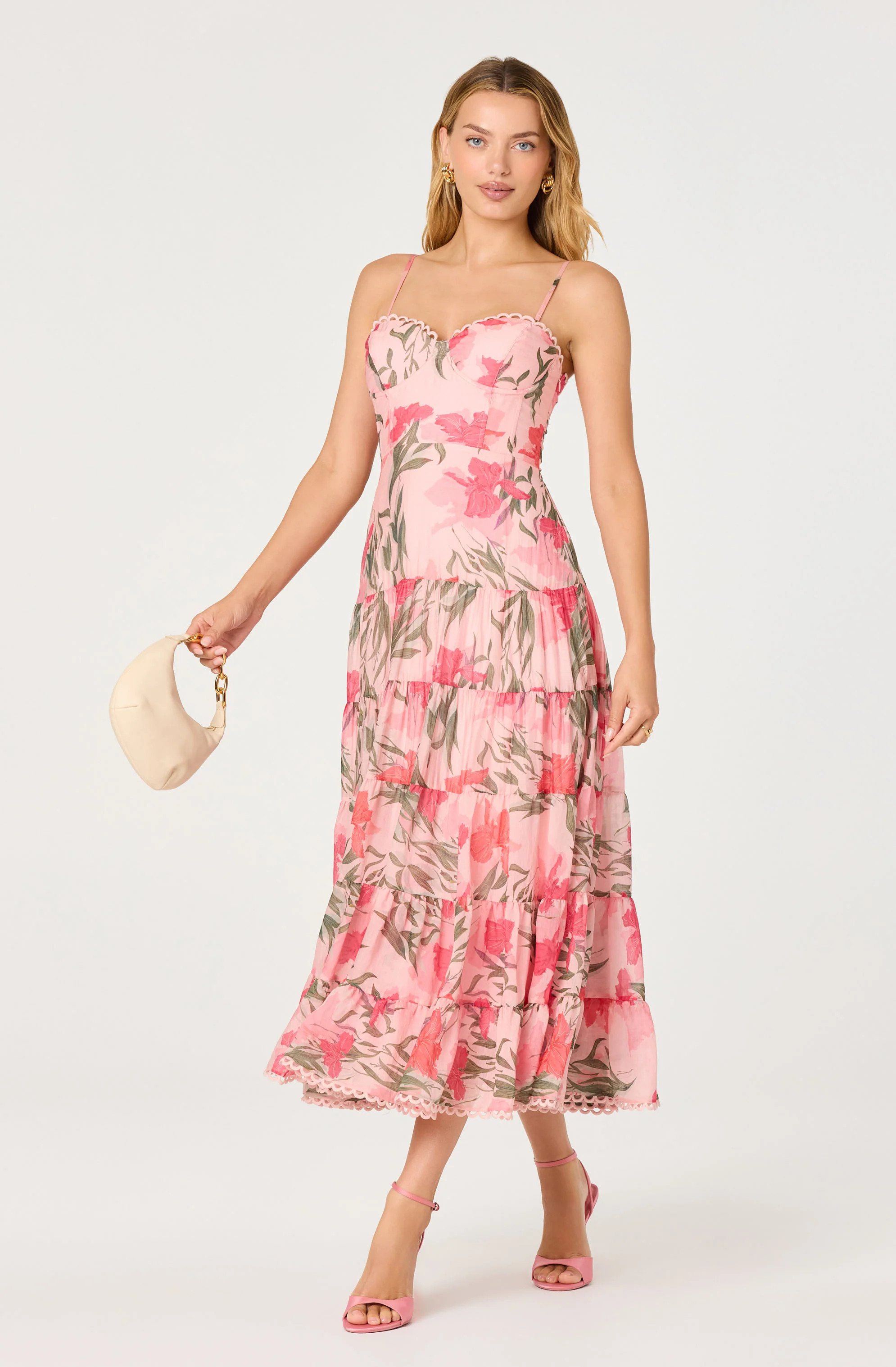 Lianna Floral Scalloped Trim Tiered Maxi Dress - Pink floral / S | ASTR The Label (US)