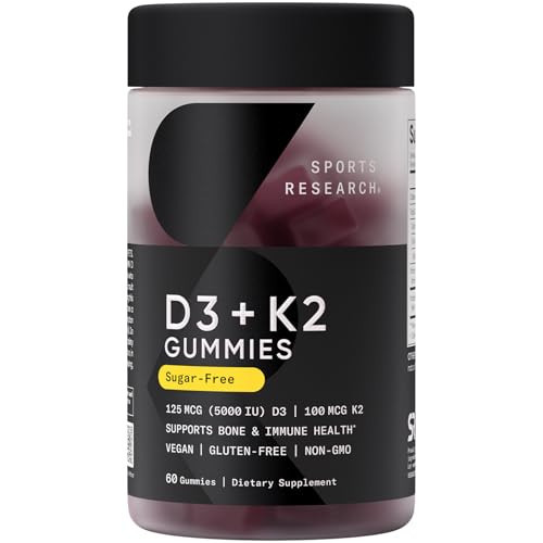 Sports Research® Vegan Vitamin D3 + K2 Gummy Supplements - 5000iu Vitamin D with 100mcg Mk7 Vitamin K - Supports Bone& Immune Health* - 60 Gummies for Adults, for Women, 1 Month Supply | Amazon (US)