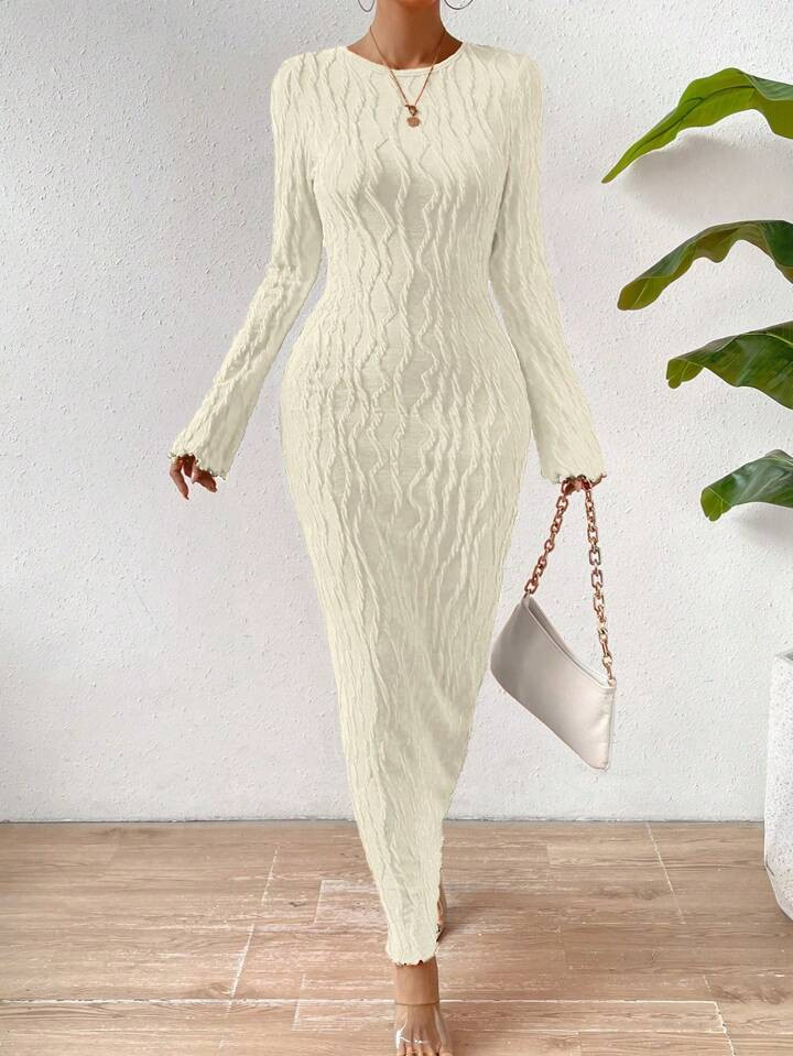 Rafferiza Solid Flare Sleeve Lettuce Hem Bodycon Dress Maxi Women Outfit | SHEIN