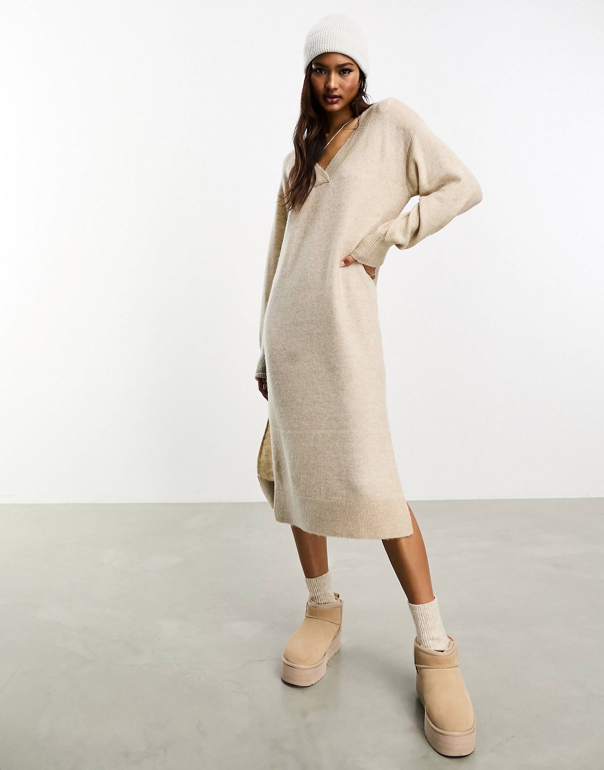 Y.A.S v neck knitted jumper dress in oatmeal | ASOS (Global)