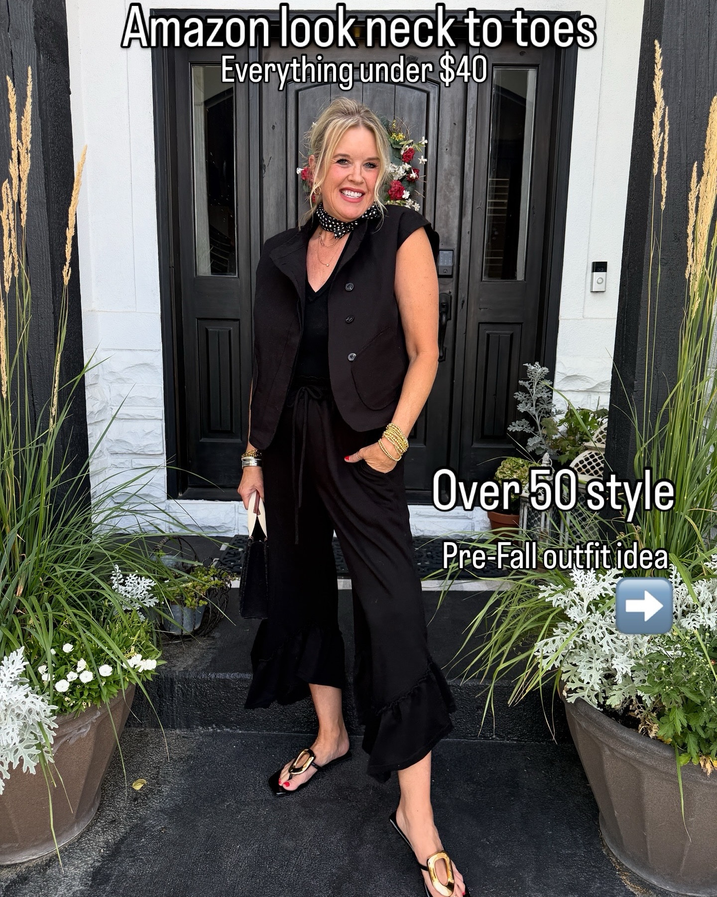 —Over 50 style —
Pre-Fall outfit  from Amazon outfit elevate ✔️

How smart, absolutely gorgeous, beautiful 🤣😉is this outfit with the 
vest, tank top ,sandals, gold bracelets, and pants 
All from Amazon under $40 

All pieces are tts in your Amazon sizing (I wear a med in Amazon) 

Shoes 8 and I also have the designer Jeffery Campbell and these are so close if His aren’t in your budget!

Elevated with Chloe designer bag and earrings 

Change the shoes to make work wear appropriate 

Scarf old Chicos linked similarr

#LTKStyleTip #LTKOver40 #LTKFindsUnder50