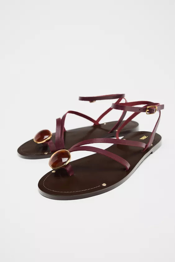 FLAT LEATHER SANDALS WITH DECORATIVE STRAPS | Zara US