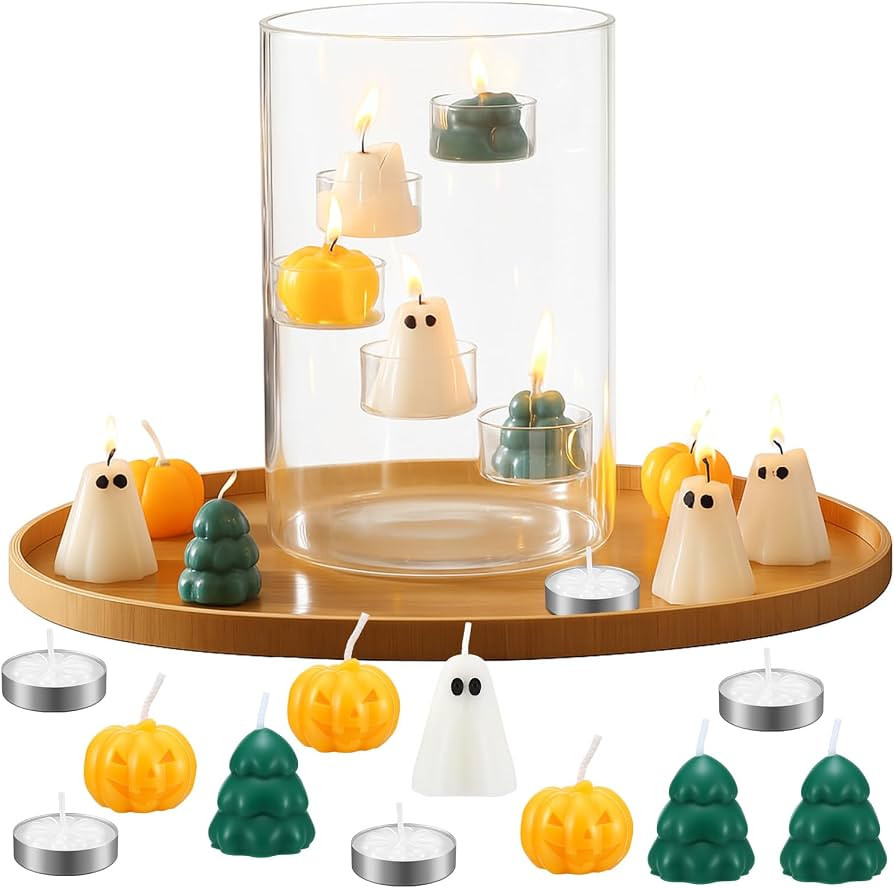 Reallnaive Halloween Glass Hurricane Candle Holder with Candles and Tea Light Clear Cylinder Pill... | Amazon (US)