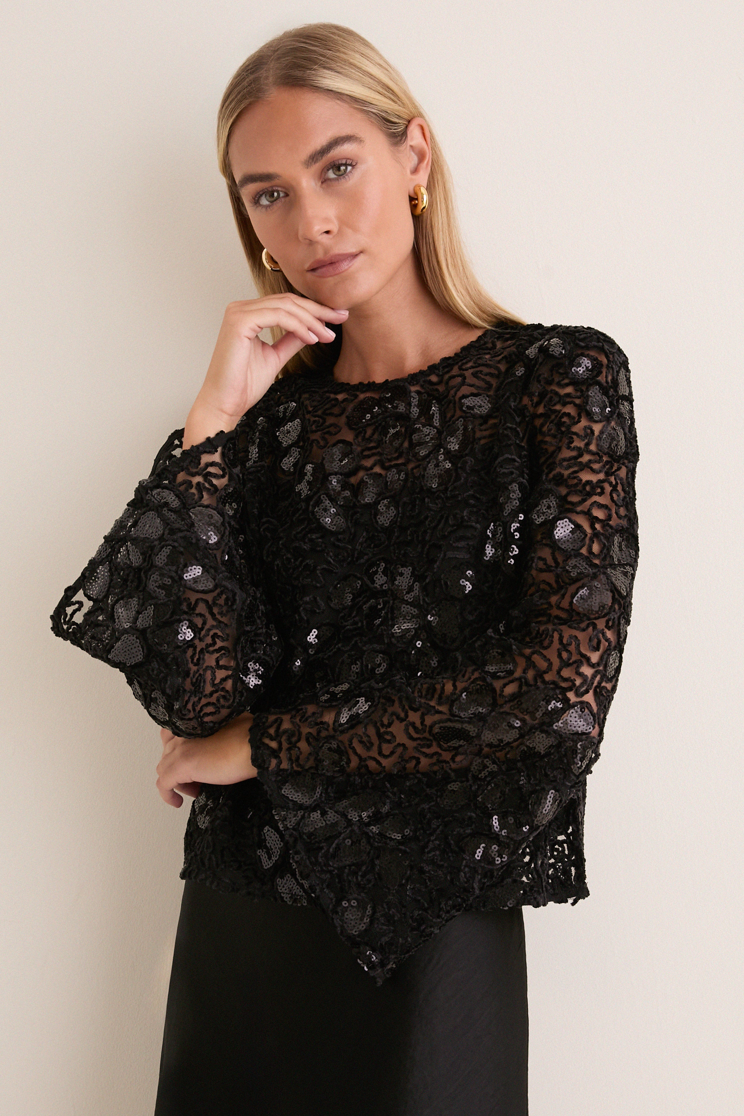 Black Sequin Applique Cleo Blouse | Tuckernuck (US)