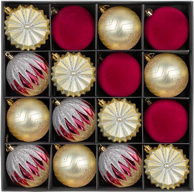 3.15" Velvet Vintage Red and Gold Christmas Ball Ornaments Set, 16 pcs Flocked Burgundy Xmas Tree... | Amazon (US)
