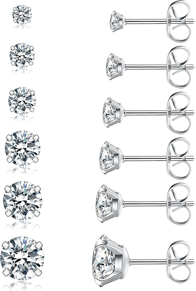 6 Pairs Stud Earrings Set, Hypoallergenic Cubic Zirconia 316L Earrings Stainless Steel CZ Earring... | Amazon (US)