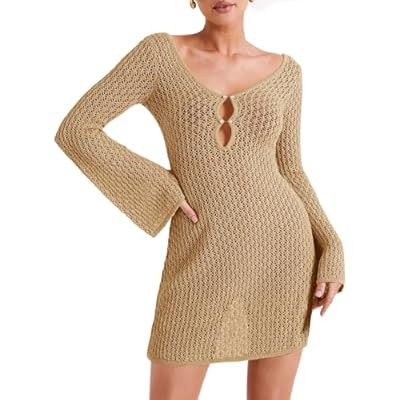 Saodimallsu Womens Crochet Swimsuit Coverup Summer Sexy V Neck Long Bell Sleeve… | Amazon (US)