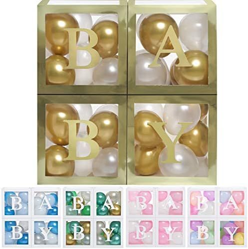 Baby Shower Boxes Party Decorations - 44 pcs, 32 Gold White Balloons, 4 Clear & Transparent Block... | Amazon (US)