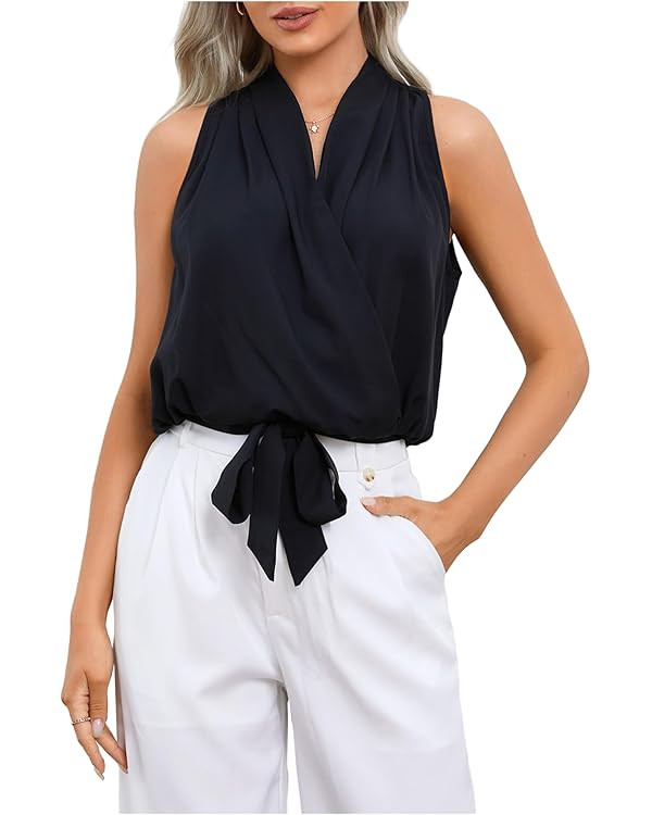 SOLY HUX Women's Wrap V Neck Blouse Tie Front Sleeveless Ruched Elegant Tank Tops | Amazon (US)