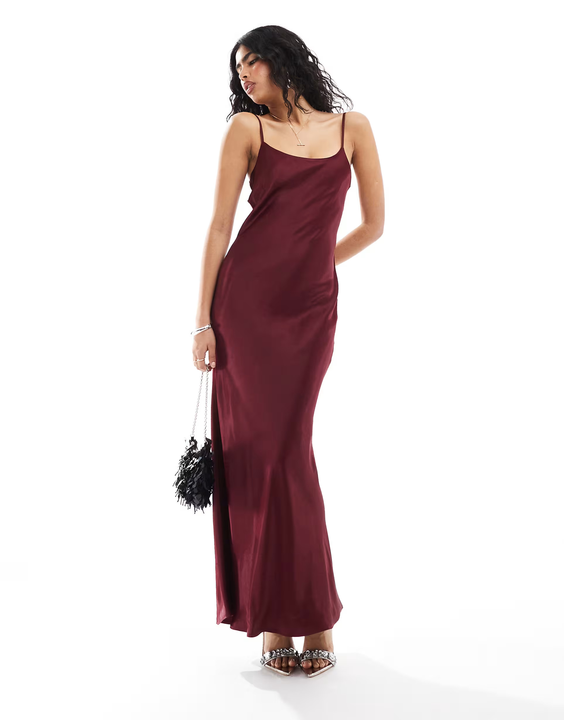 ASOS DESIGN satin scoop neck maxi slip dress in burgundy | ASOS (Global)